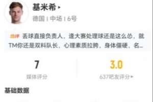 基米希本场0射0关键传球 6长传2成功+8对抗5成功+3造犯规 获7分-z9